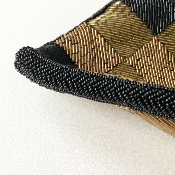 VTG Hand Beaded Shoulder Bag Checkered Gold Black - Picture 6 of 11
